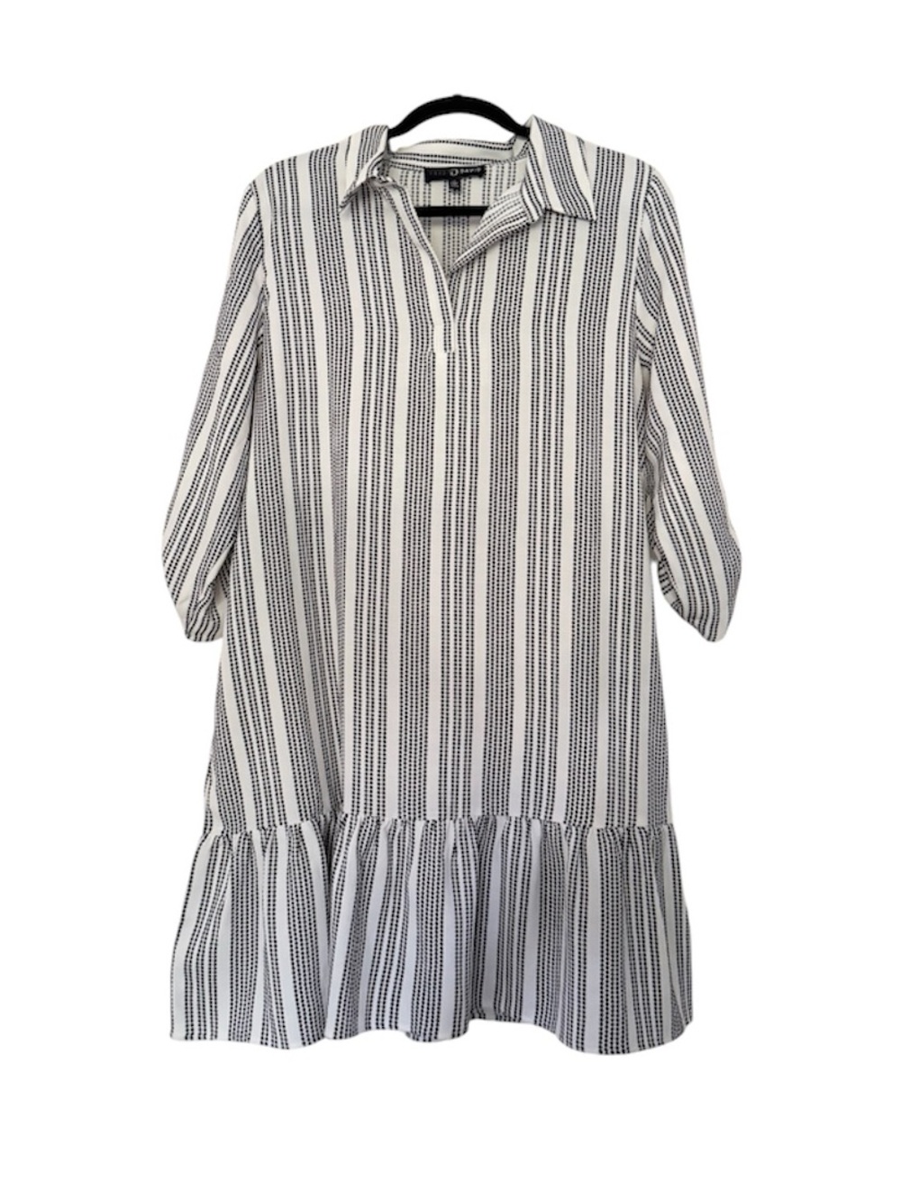 Fred David Black & White Stripe Dotted Long Sleeve Dress Ruffle Size Medium